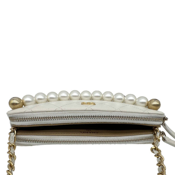CHANEL Chic Pearls Quilted Lambskin Leather Double Zip Clutch With Chain White
