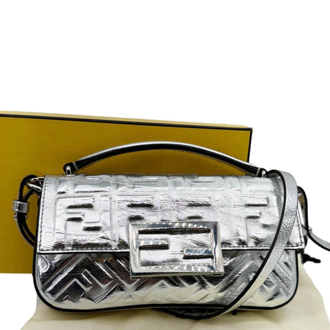 FENDI Baguette Zucca Embossed Leather Crossbody Bag Metallic Silver