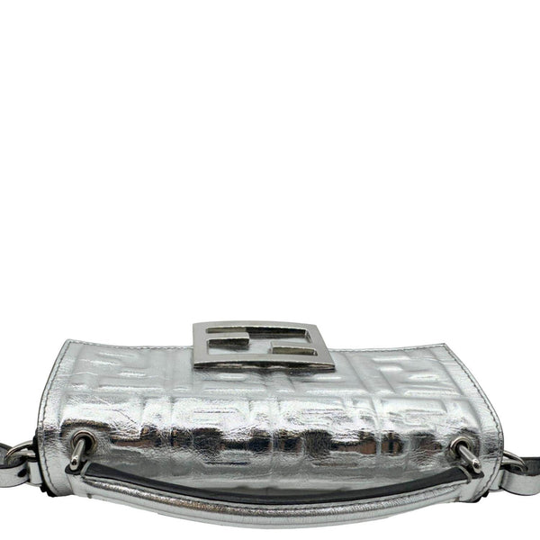 FENDI Baguette Zucca Embossed Leather Crossbody Bag Metallic Silver