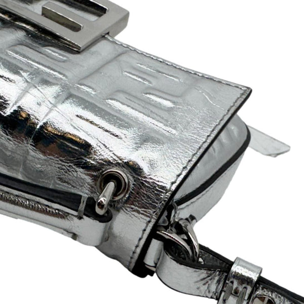 FENDI Baguette Zucca Embossed Leather Crossbody Bag Metallic Silver