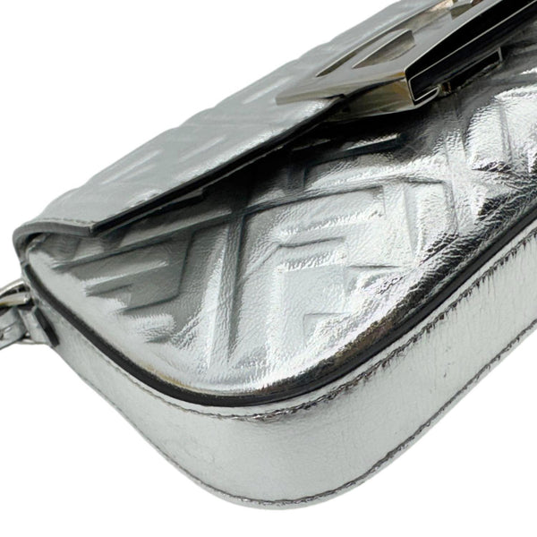 FENDI Baguette Zucca Embossed Leather Crossbody Bag Metallic Silver