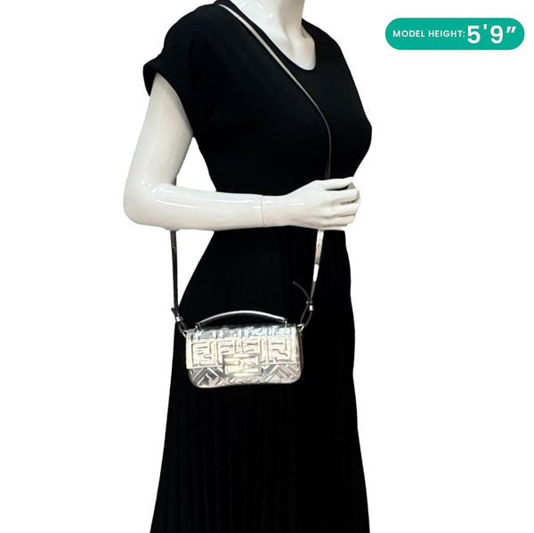 FENDI Baguette Zucca Embossed Leather Crossbody Bag Metallic Silver