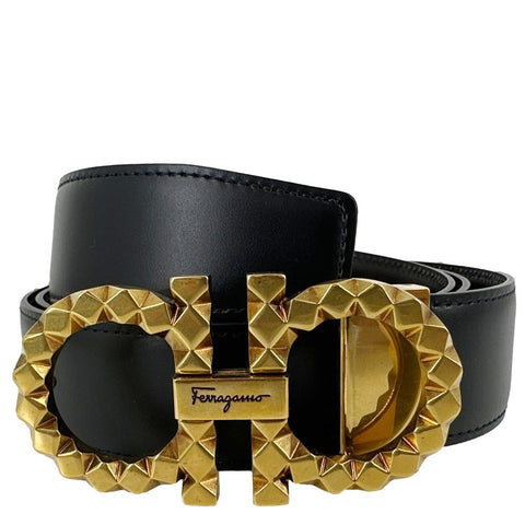 SALVATORE FERRAGAMO Gancini Buckle Leather Belt Black