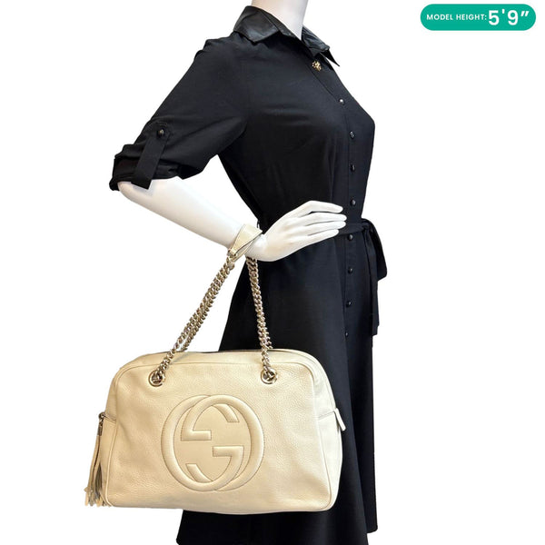 GUCCI Soho Leather Chain Zip Shoulder Bag White 353126