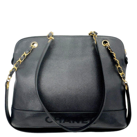 CHANEL Vintage Logo Large Caviar Leather Chain Tote Shoulder Bag Black