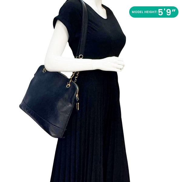 CHANEL Vintage Logo Large Caviar Leather Chain Tote Shoulder Bag Black