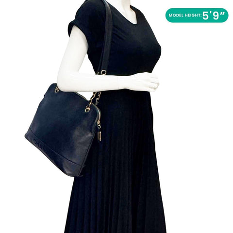 CHANEL Vintage Logo Large Caviar Leather Chain Tote Shoulder Bag Black