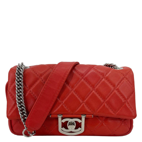 CHANEL Icons Secret Label Flap Medium Quilted Lambskin Leather Satchel Bag Red