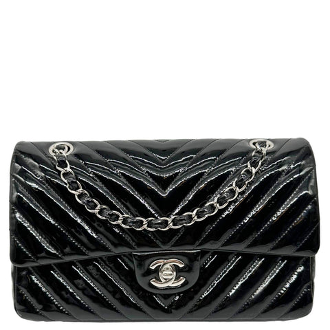 CHANEL Classic Double Flap Medium Chevron Patent Leather Shoulder Bag Black