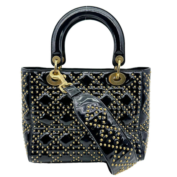 CHRISTIAN DIOR Lady Dior Medium Studded Cannage Patent Leather Crossbody Bag Black