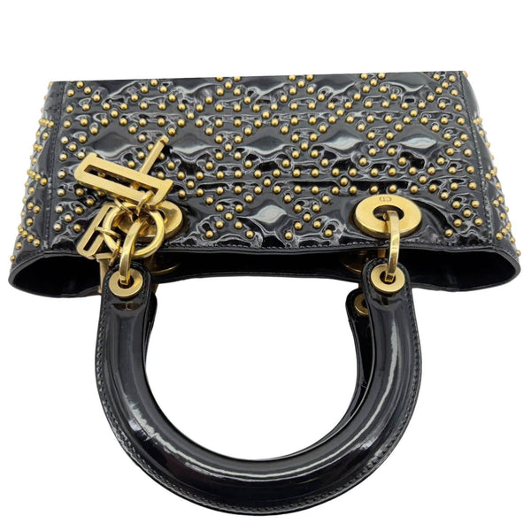 CHRISTIAN DIOR Lady Dior Medium Studded Cannage Patent Leather Crossbody Bag Black