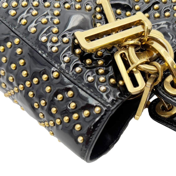 CHRISTIAN DIOR Lady Dior Medium Studded Cannage Patent Leather Crossbody Bag Black