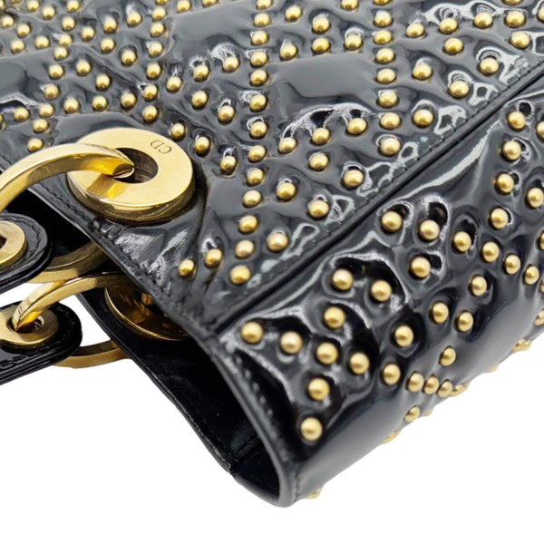 CHRISTIAN DIOR Lady Dior Medium Studded Cannage Patent Leather Crossbody Bag Black