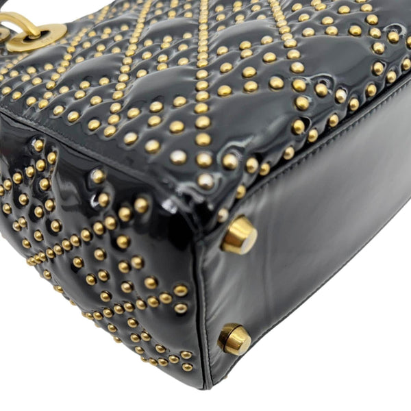 CHRISTIAN DIOR Lady Dior Medium Studded Cannage Patent Leather Crossbody Bag Black