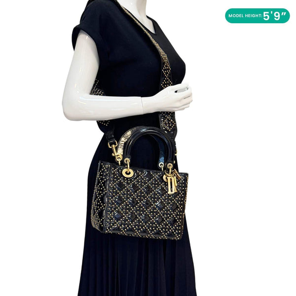 Christian Dior Lady Dior Medium Studded Crossbody Bag Black - Model Wearing