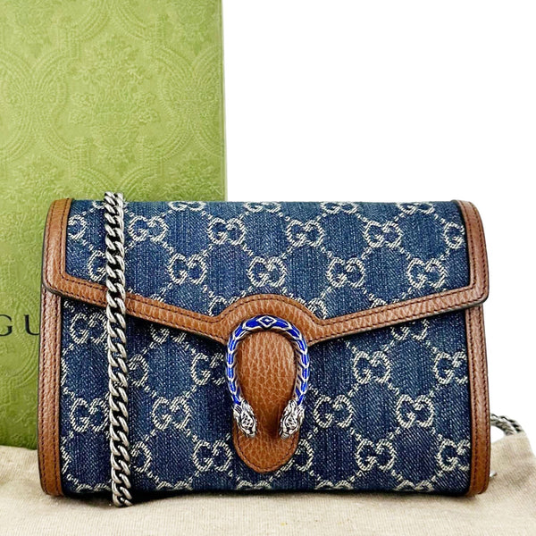 GUCCI Dionysus Mini GG Denim Chain Wallet Crossbody Bag Blue 401231