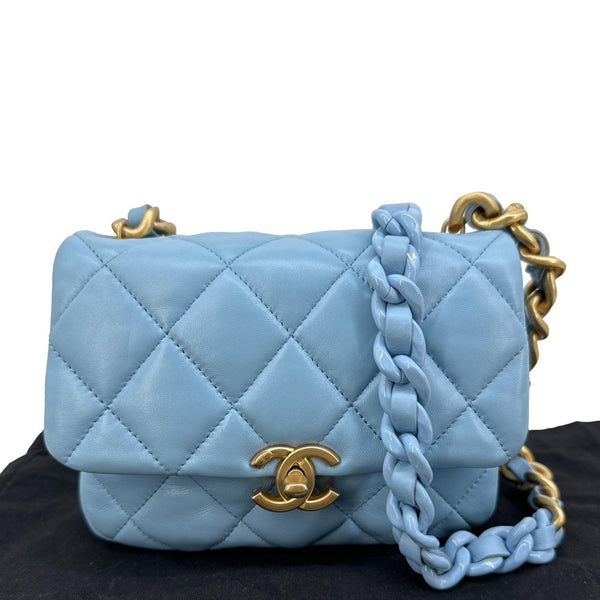 CHANEL Lacquered Flap Quilted Lambskin Leather Chain Crossbody Bag Blue