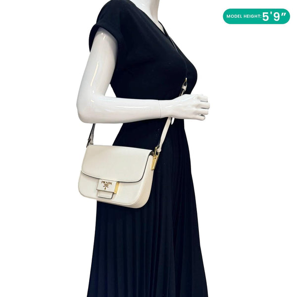 PRADA Embleme Flap Saffiano Lux Leather Shoulder Bag White