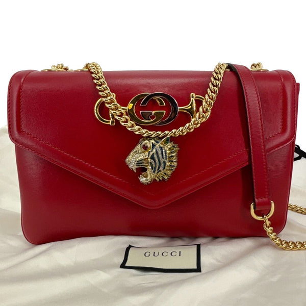 GUCCI Rajah Medium Tiger Head Leather Chain Shoulder Bag Red 537241