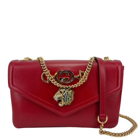 GUCCI Rajah Medium Tiger Head Leather Chain Shoulder Bag Red 537241