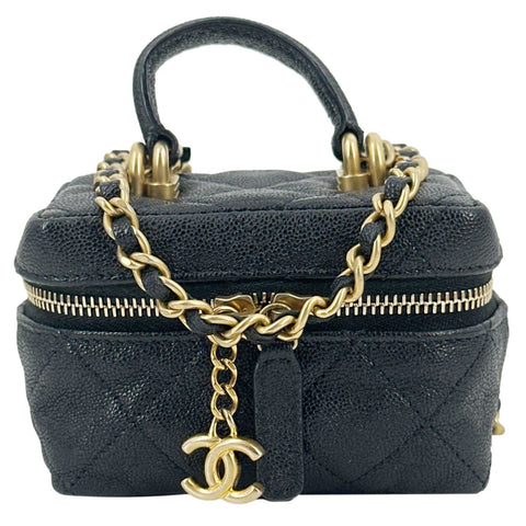 CHANEL Mini Quilted Caviar Leather Top Handle Vanity Case With Chain Black