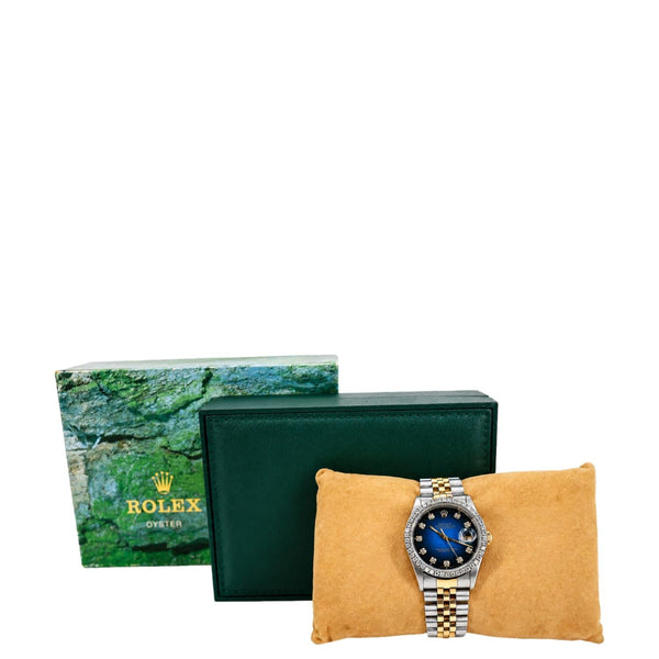 Rolex Datejust 18k Gold Steel 36mm Diamond Bezel Blue Vignette Dial Watch 16233