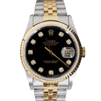 Rolex Datejust 36mm 18k Gold Steel Fluted Bezel Black Diamond Dial Watch 16233