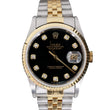 Rolex Datejust 36mm 18k Gold Steel Fluted Bezel Black Diamond Dial Watch 16233