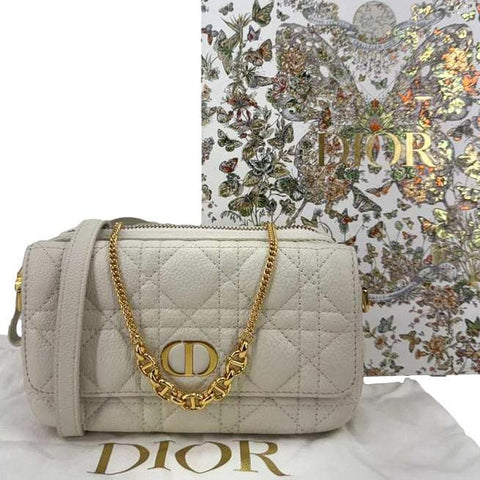 CHRISTIAN DIOR Caro Supple Cannage Calfskin Leather Chain Shoulder Bag Ivory