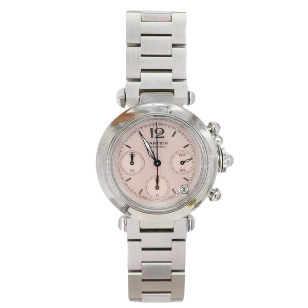 Cartier Pasha C Automatic Chronograph Stainless Steel Pink Mop Dial Watch 35mm