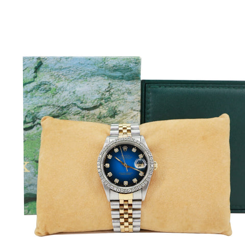 Rolex Datejust 18k Gold Steel 36mm Diamond Bezel Blue Vignette Dial Watch 16233