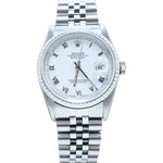 Rolex Datejust 36mm Stainless Steel Engine Turned Bezel White Roman Dial Watch 16220