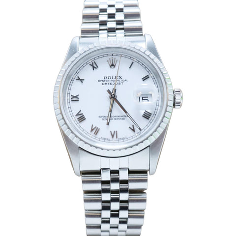 Rolex Datejust 36mm Stainless Steel Engine Turned Bezel White Roman Dial Watch 16220