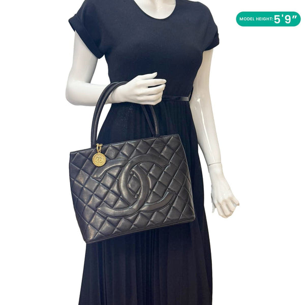 CHANEL Medallion Quilted Leather Tote Bag Black