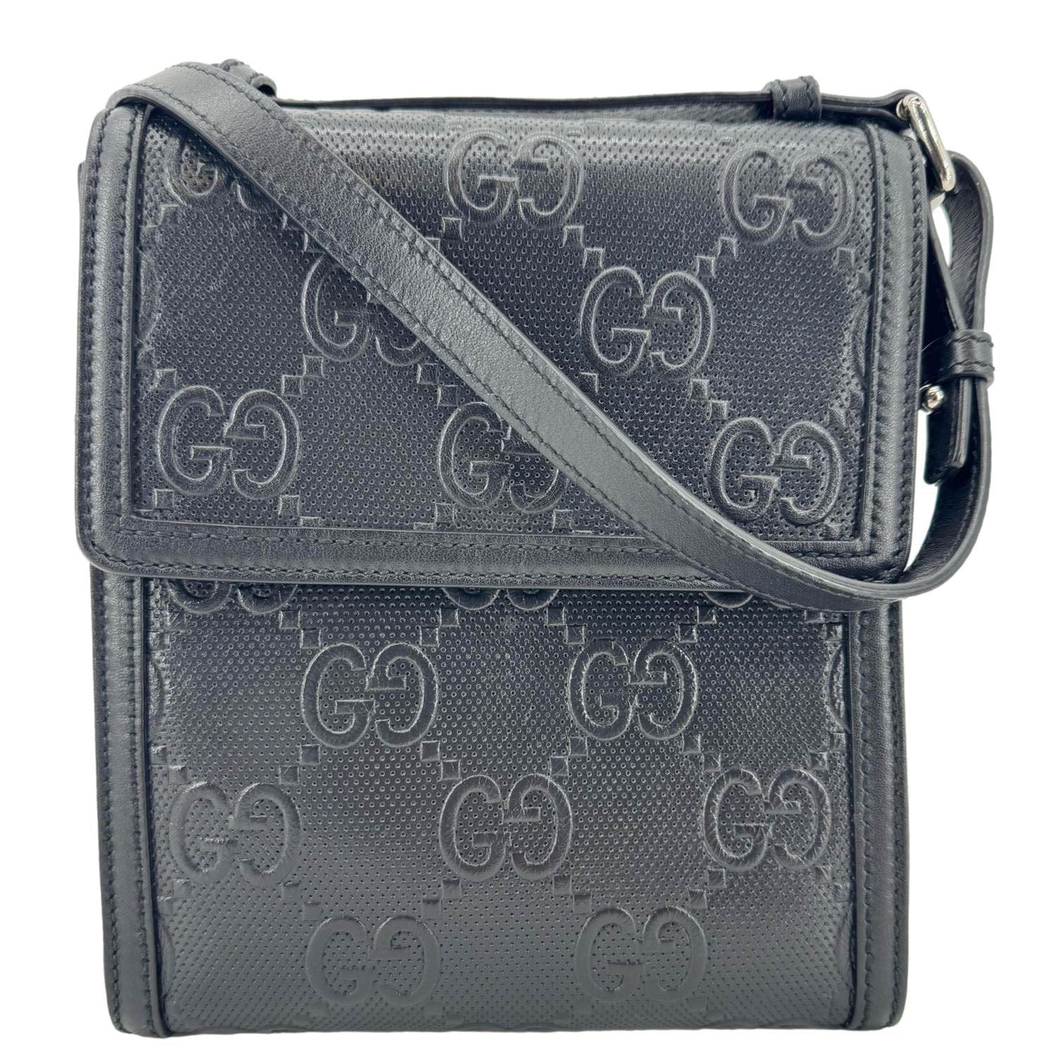GUCCI GG Embossed Leather Messenger Bag Black 625782