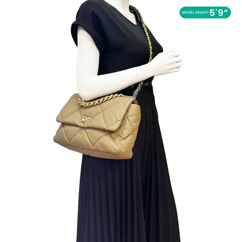 CHANEL 19 Flap Large Quilted Canvas Shoulder Bag Brown