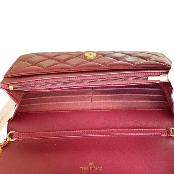 CHANEL Coco Hearts Quilted Leather Wallet On Chain WOC Burgundy