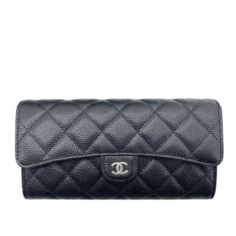 CHANEL Long Flap Caviar Quilted Leather Wallet Black
