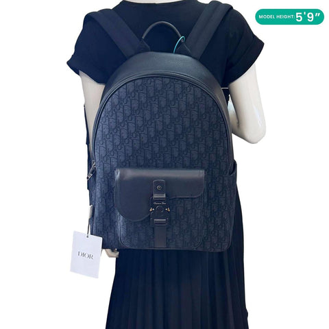 CHRISTIAN DIOR Saddle Oblique Jacquard Canvas and Leather Backpack Black - Model Wearing