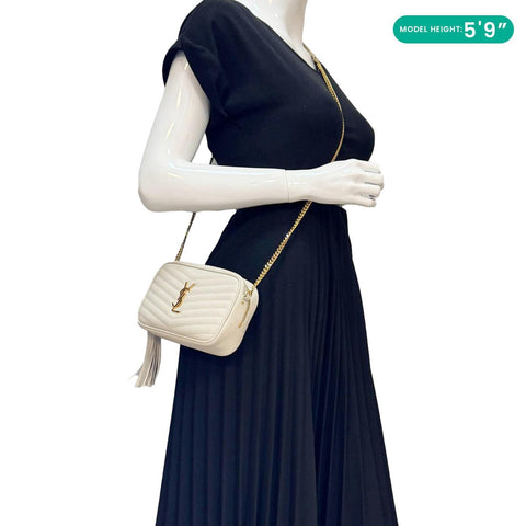 YVES SAINT LAURENT Lou Mini Chevron Leather Camera Crossbody Bag Off White