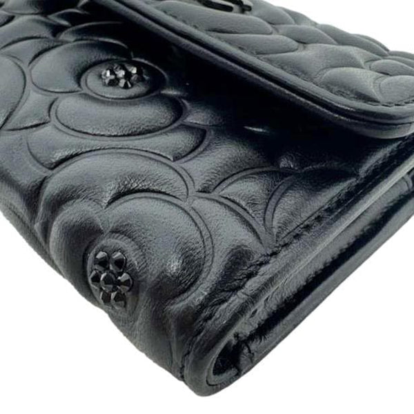CHANEL Camellia Embossed Lambskin Leather Wallet Black