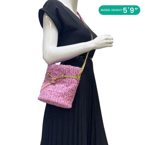 CHANEL Pending CC Tweed Enamel Drawstring Tote Bucket Bag Pink