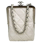 CHANEL Kisslock Logo Plexiglass Quilted Lambskin Leather Clutch With Chain White