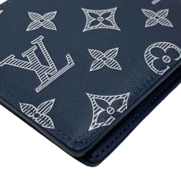 LOUIS VUITTON Porte Feuille Multiple Monogram Shadow Leather Wallet Navy Blue
