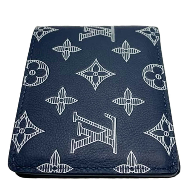 LOUIS VUITTON Porte Feuille Multiple Monogram Shadow Leather Wallet Navy Blue