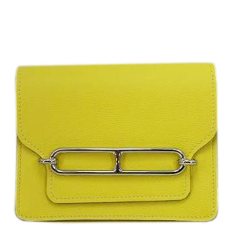 HERMES Roulis Slim Evercolor Mini Pebbled Calfskin Leather Wallet Lime Yellow