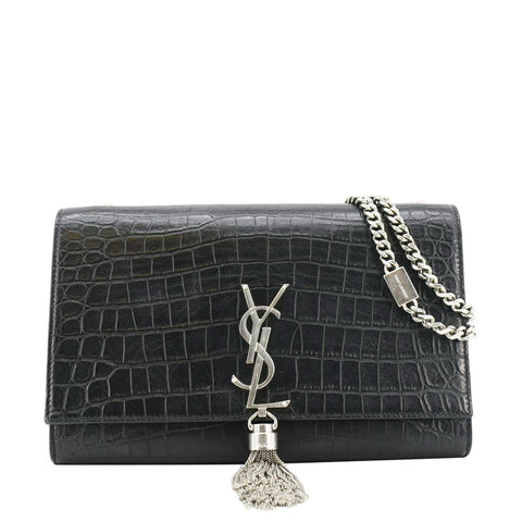 YVES SAINT LAURENT Kate Tassel Medium Crocodile Embossed Leather Crossbody Bag Black