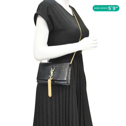 YVES SAINT LAURENT Crocodile Embossed Leather Black Crossbody Bag dummy look