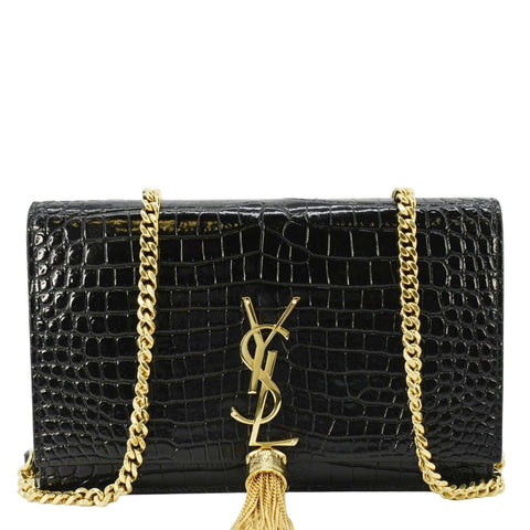 YVES SAINT LAURENT Kate Tassel Crocodile Embossed Leather Crossbody Bag Black