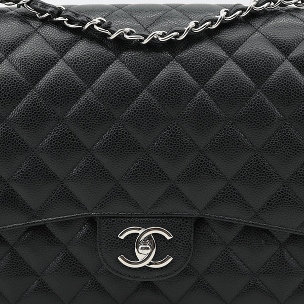 CHANEL Classic Double Flap Maxi Caviar Leather Shoulder Bag Black